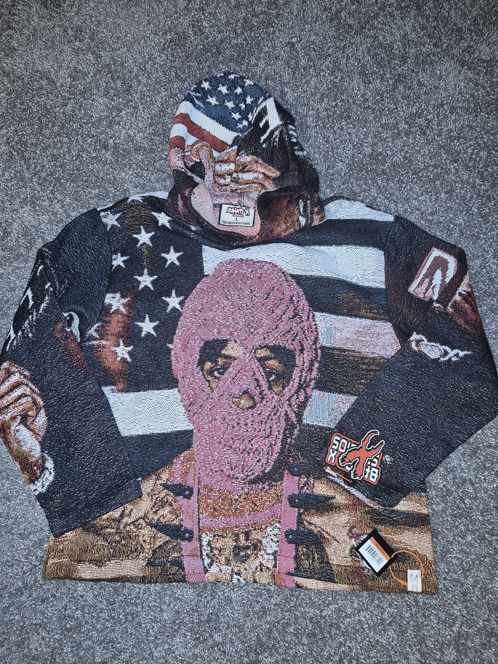 Graphic American Flag Hoodie with Pink Mask Motif - Unknown Brand